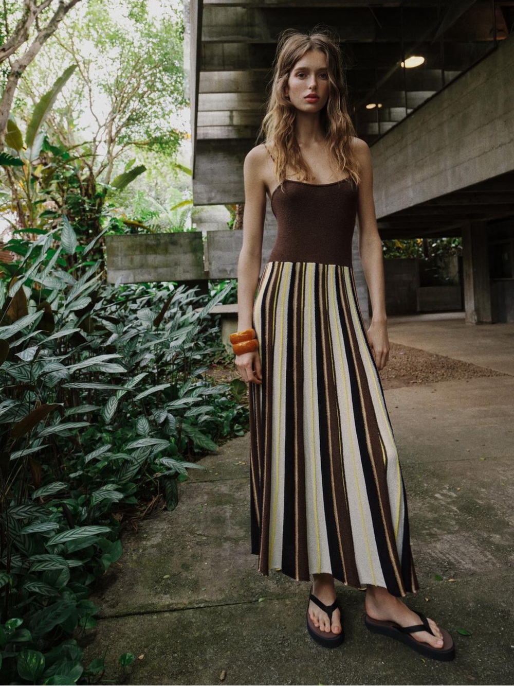 Zara Brown Striped Knit Midi Dress with Cream and Tan Panels